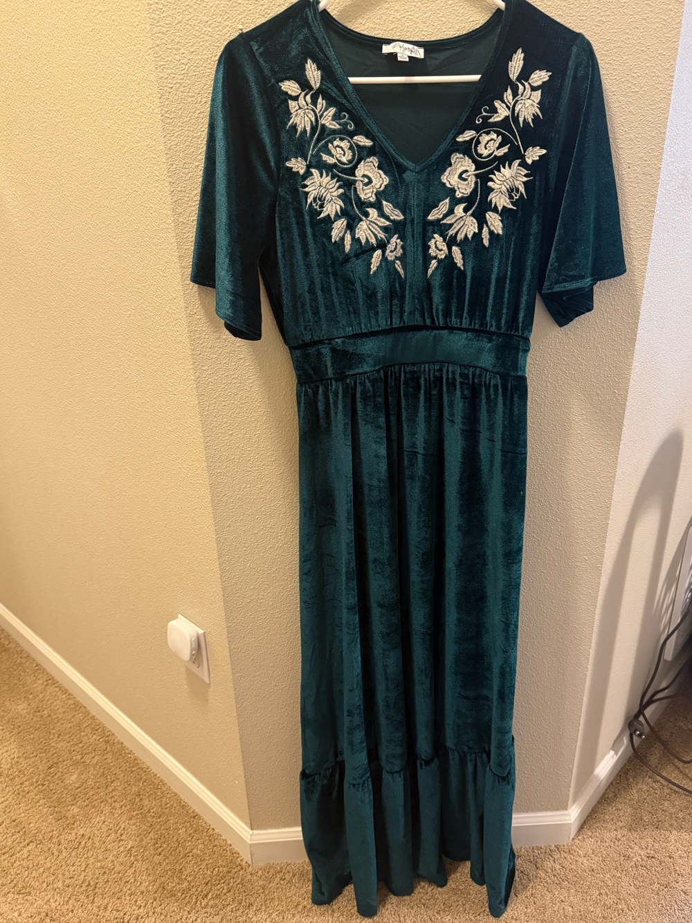 Polagram Teal Velvet Maxi Dress with Cream Floral Embroidery